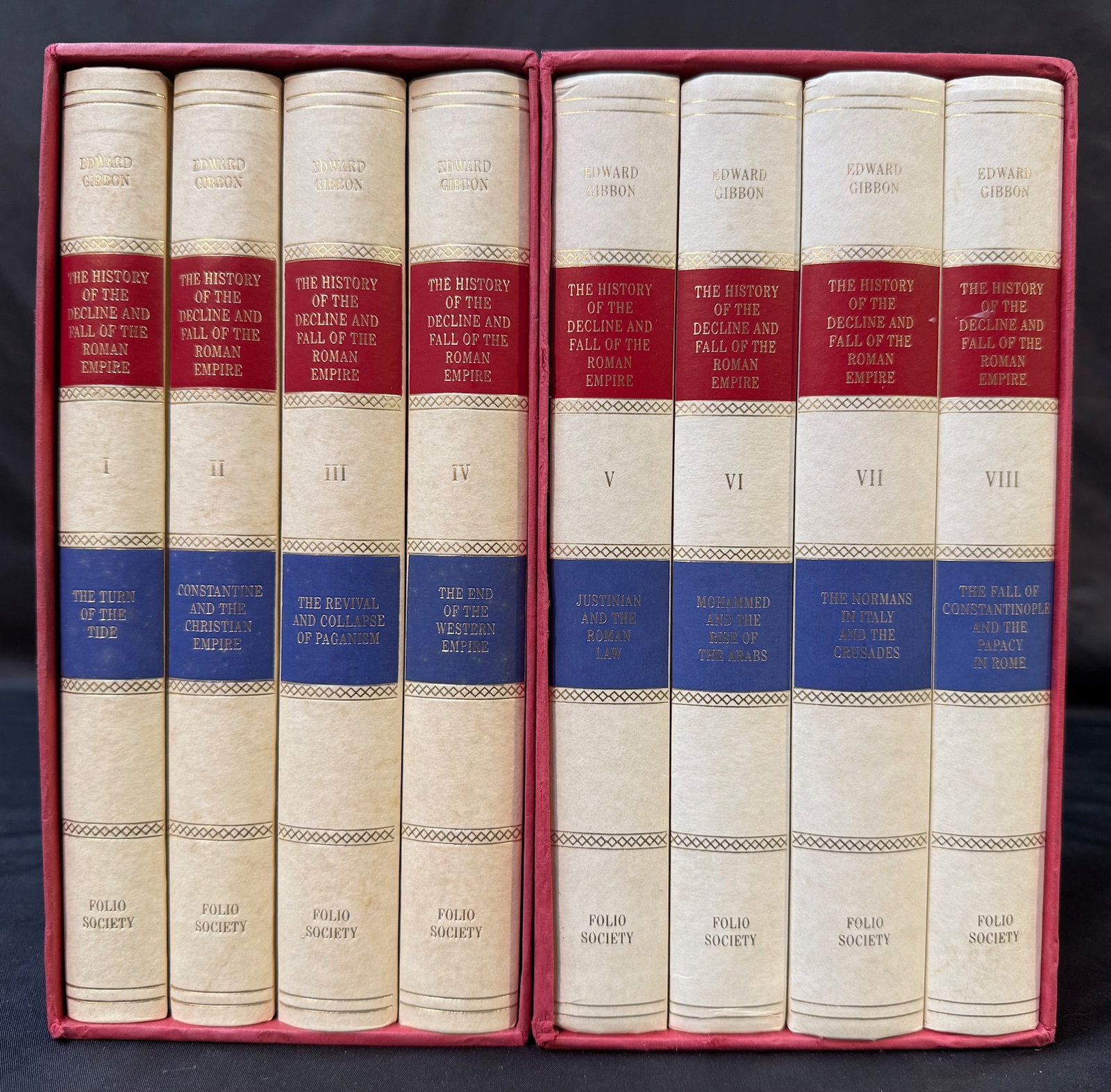 EDWARD GIBBON - THE HISTORY OF THE DECLINE AND FALL OF THE ROMAN EMPIRE, FOLIO SOCIETY, 8 VOLUMES,: 1999. THE HISTORY OF THE DECLINE AND FALL OF THE ROMAN EMPIRE. Edward Gibbon. The Folio Society, London, 2009. Eight hardcover volumes in two slipcases. All books in fine, unread condition. Tight, cle