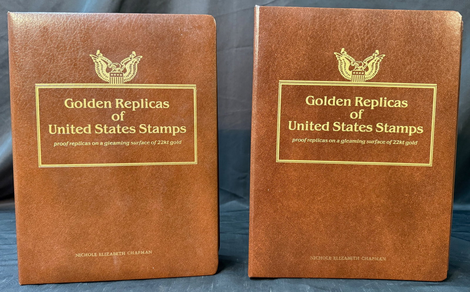 GOLDEN REPLICAS OF UNITED STATES STAMPS, FIRST DAY COVERS, 87 SETS, FROM 2002-2003: 87 Golden Replicas of United States Stamps sets. These replica stamps are covered in 22kt gold, and each Gold Replica is enclosed within an official First Day Cover bearing the First Day of Issue post