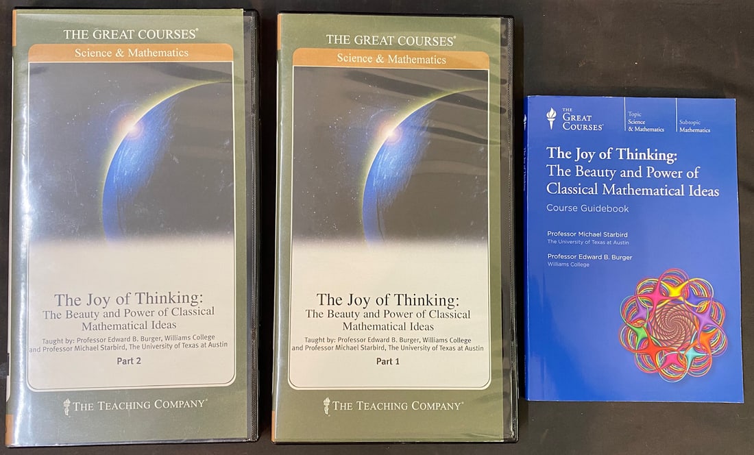 THE GREAT COURSES SERIES, THE JOY OF THINKING: THE BEAUTY AND POWER OF CLASSICAL MATHEMATICAL IDEAS: The Great Courses Series titled The Joy of Thinking: The Beauty and Power of Classical Mathematical Ideas. This course has 24 lectures on 4 DVDs, with a Course Guidebook. This set is in Excellent cond
