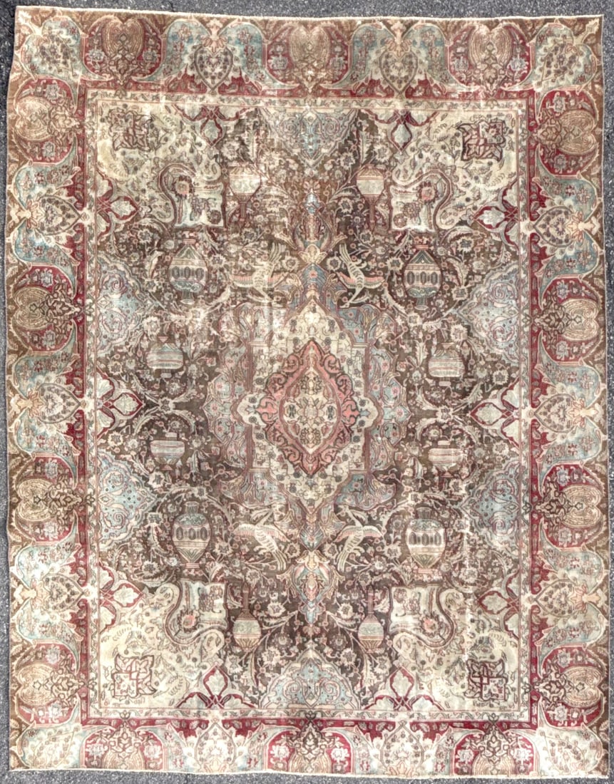 ANTIQUE PERSIAN KASHMAR ARCHEOLOGY HAND KNOTTED RUG, 9.8 x 12.0 (295cm x 366cm): Antique Persian Kashmar Archeology rug was hand knotted in Iran of 100% natural wool on a cotton foundation. This rug is 120+ years old, has medium to low wool piles and is in excellent condition for