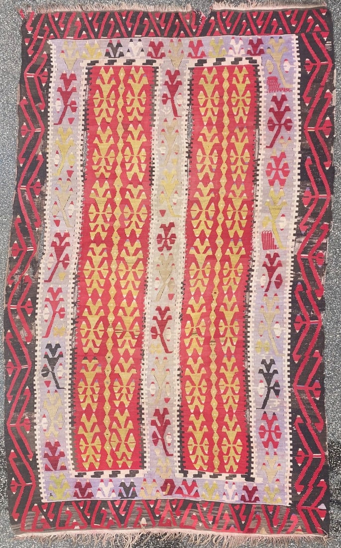 VINTAGE QASHQAI KILIM HAND KNOTTED RUG, DISTRESSED, 5.9 x 9.7 (175cm x 292cm): Vintage Qashqai Kazak flat weave rug was hand knotted in Turkey of 100% natural wool and has flat weave wool piles. This rug is 60+ years old and is in excellent condition for its age, though slightly