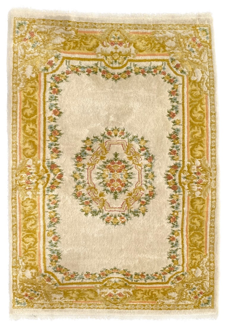 ASIAN HAND KNOTTED AUBUSSON RUG – 4.3 x 6.0 (130cm x 183cm): Aubusson Asian rug was hand knotted in China of 100% natural wool on a cotton foundation. The rug has very thick (1 inch) wool piles and is in excellent condition. Beautiful colors and made with excel