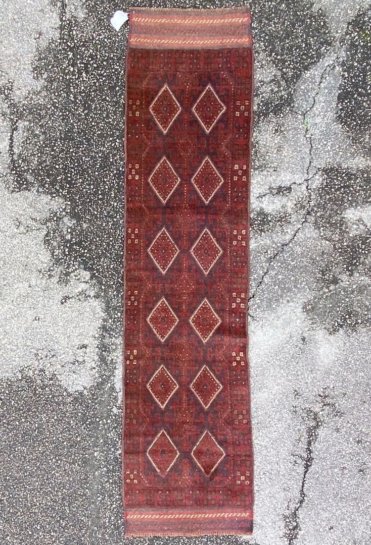 TRIBAL BALOUCH HAND KNOTTED RUNNER, 1.11 x 8.0 (58cm x 244cm): Afghani Balouch runner was hand knotted in Afghanistan of 100% natural wool. It has medium wool piles and is in like new condition. Beautiful colors with excellent quality, and no holes or repairs. Ha