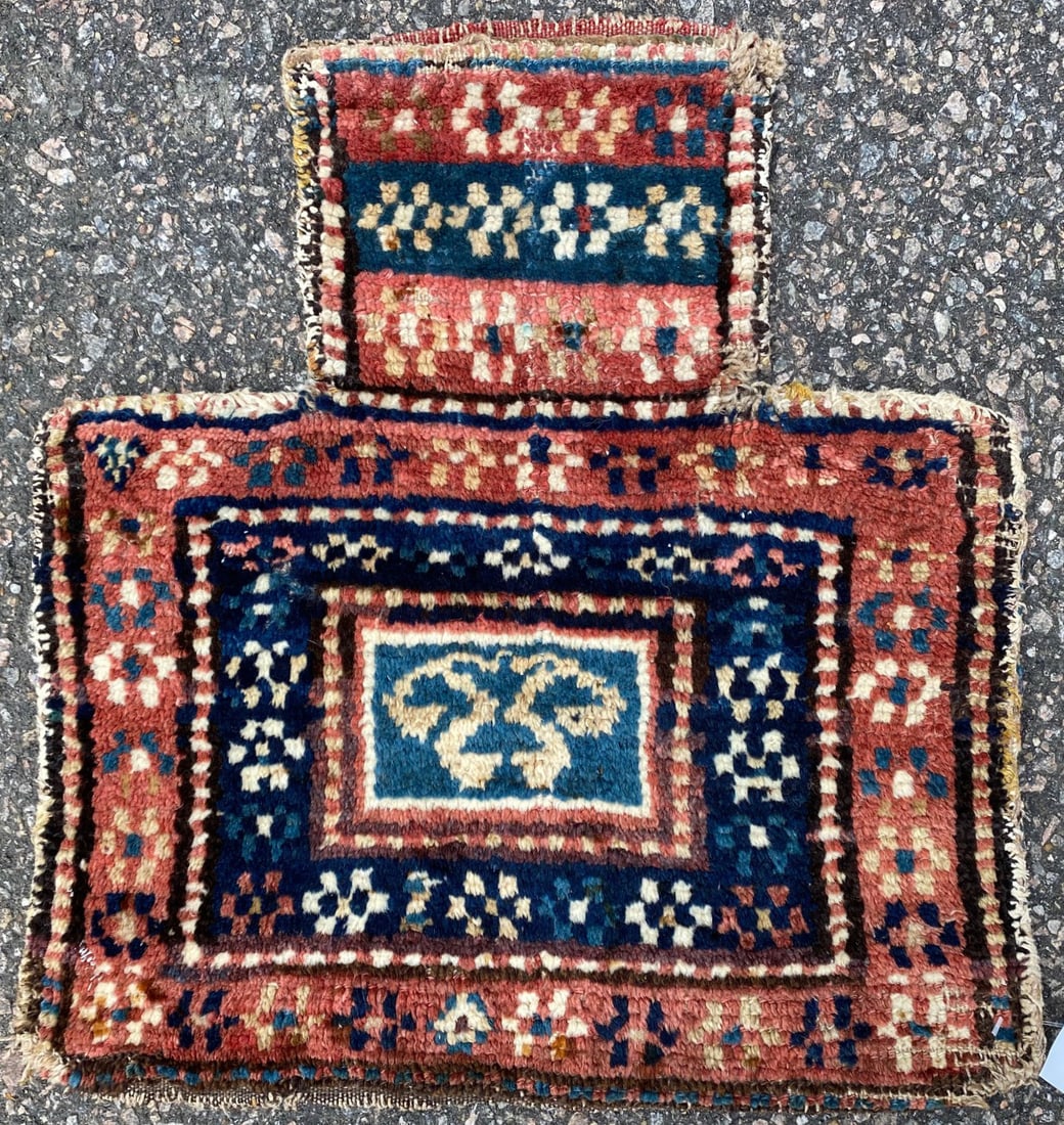 VINTAGE TRIBAL AFGHAN HAND KNOTTED SALT BAG, 17IN x 18IN (43cm x 46cm): Vintage Tribal Afghan salt bag was hand knotted in Afghanistan of 100% natural wool. The bag is 60+ Years old, has flat weave wool piles and is in excellent condition for its age. Beautiful colors wit