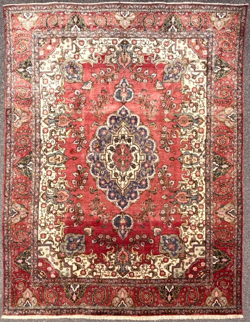 LARGE VINTAGE PERSIAN TABRIZ MEDALLION RUG, IVORY & CRIMSON FIELD, HAND KNOTTED, 9.9 x 12.9 (297cm x (1 of 5)