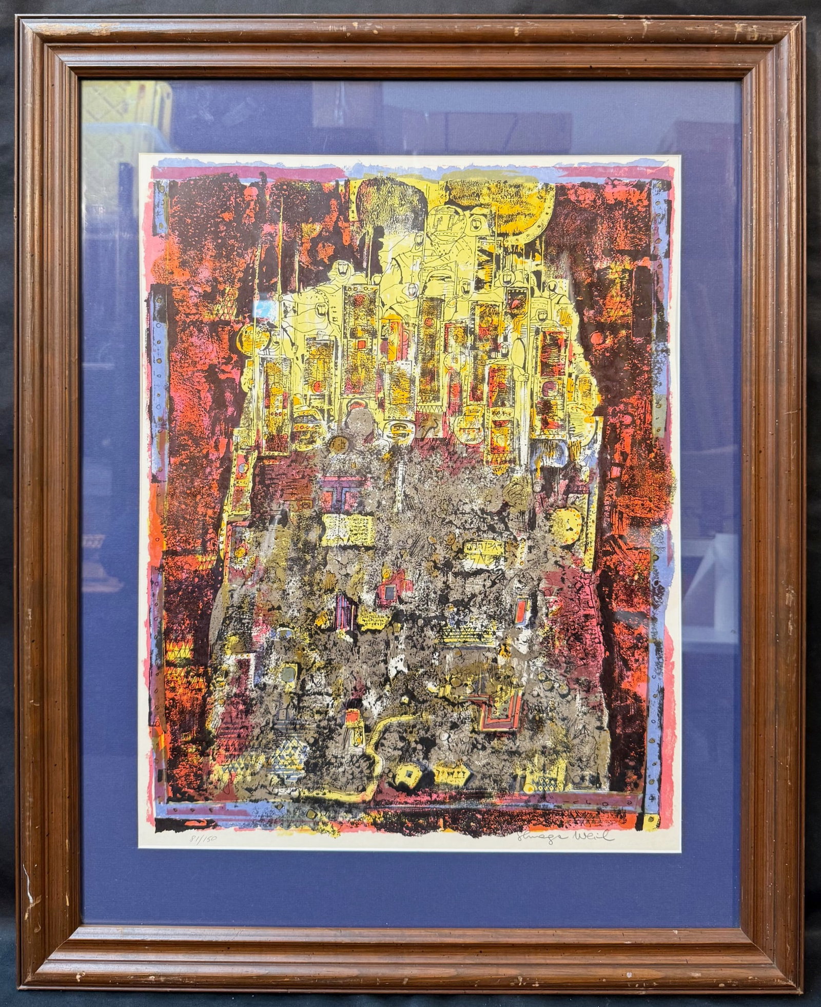SHRAGA WEIL (1918-2009) HAND SIGNED, LIMITED-EDITION LITHOGRAPH, ISRAELI MODERNIST, 25.5IN x 31.5IN: A compelling and highly structured color lithograph by Shraga Weil (1918–2009)—a significant figure in Israeli modernism and an artist whose work is held in major institutional and public collecti