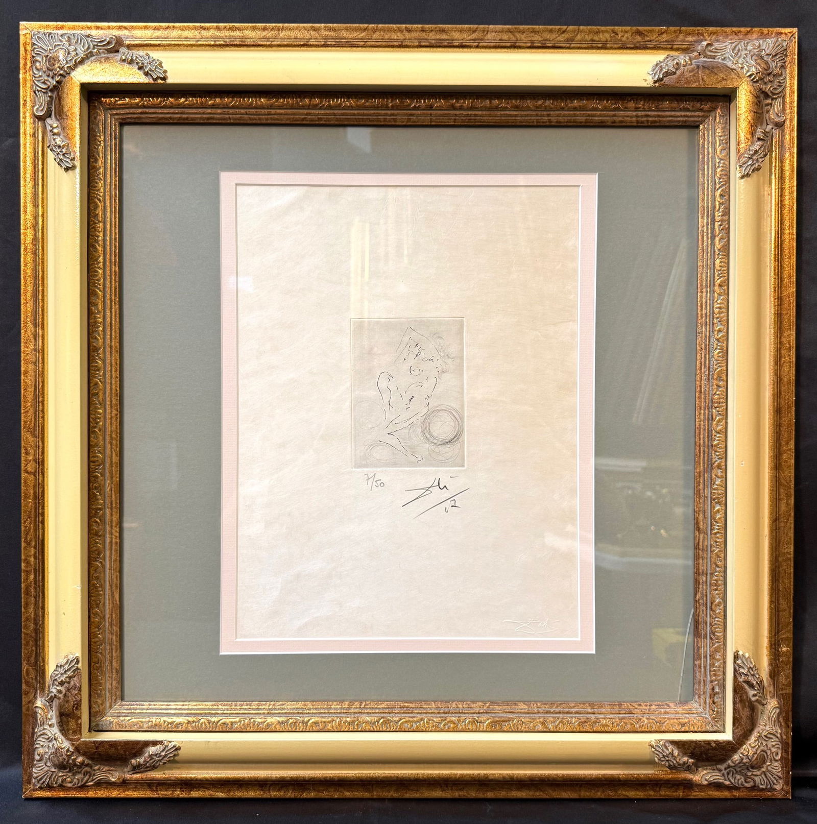 SALVADOR DALI (1904-1989) HAND SIGNED SURREALIST DRYPOINT ETCHING, LIMITED EDITION 7/50, FIELD 68-3: Salvador Dali (1904-1989) Untitled (Surrealist Portrait Study), Drypoint etching on wove paper, Circa 1967–1968. It is a limited edition, it being 7 of 50. It is hand signed Dali in pencil beneath t