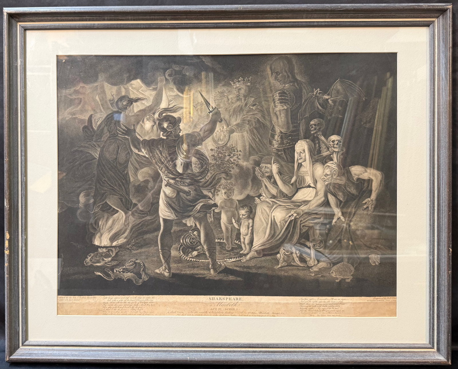 SHAKESPREARE MACBETH, ROBERT THEW (1758-1802) AFTER SIR JOSHUA REYNOLDS (1723-1792) FROM BOYDELL: An original, large and dramatic stipple and line engraving depicting a scene from William Shakespeare’s tragedy Macbeth, Act IV, Scene I, engraved by Robert Thew after the celebrated painting by Sir