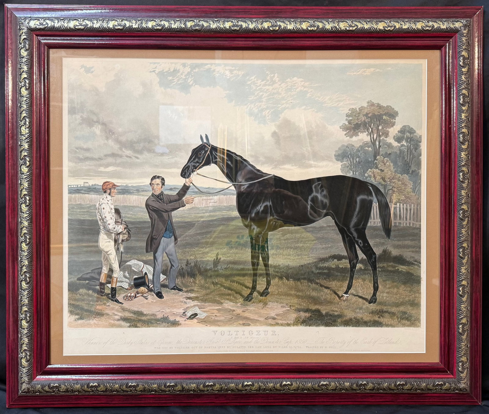 HARRY HALL (1814-1882) VOLTIGEUR, WINNER OF THE DERBY STAKES AT EPSOM, 1850, HAND COLORED SPORTING: An impressive, large-format Victorian sporting engraving depicting the celebrated British racehorse Voltigeur, engraved by J. Harris after the original painting by the renowned equestrian artist Harry