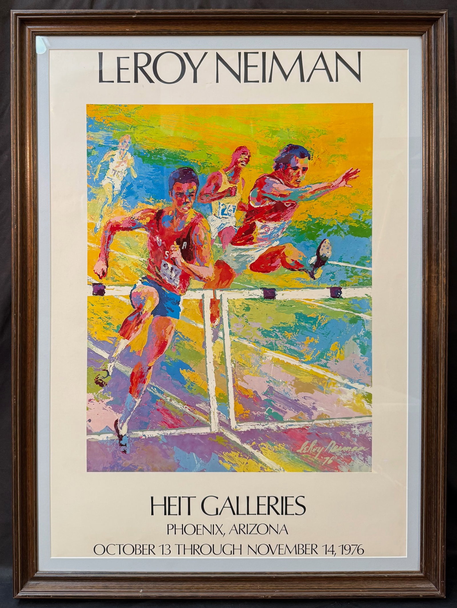 ORIGINAL LEROY NEIMAN (1921-2012) HEIT GALLERIES ART EXHIBITION POSTER, 26IN x 35IN (66cm x 89cm): Leroy Neiman (1921-2012) original exhibition poster for the opening of the LeRoy Neiman exhibit at the Heit Galleries in Phoenix Arizona in 1976. The artwork featured on the poster depicts a hurdles r