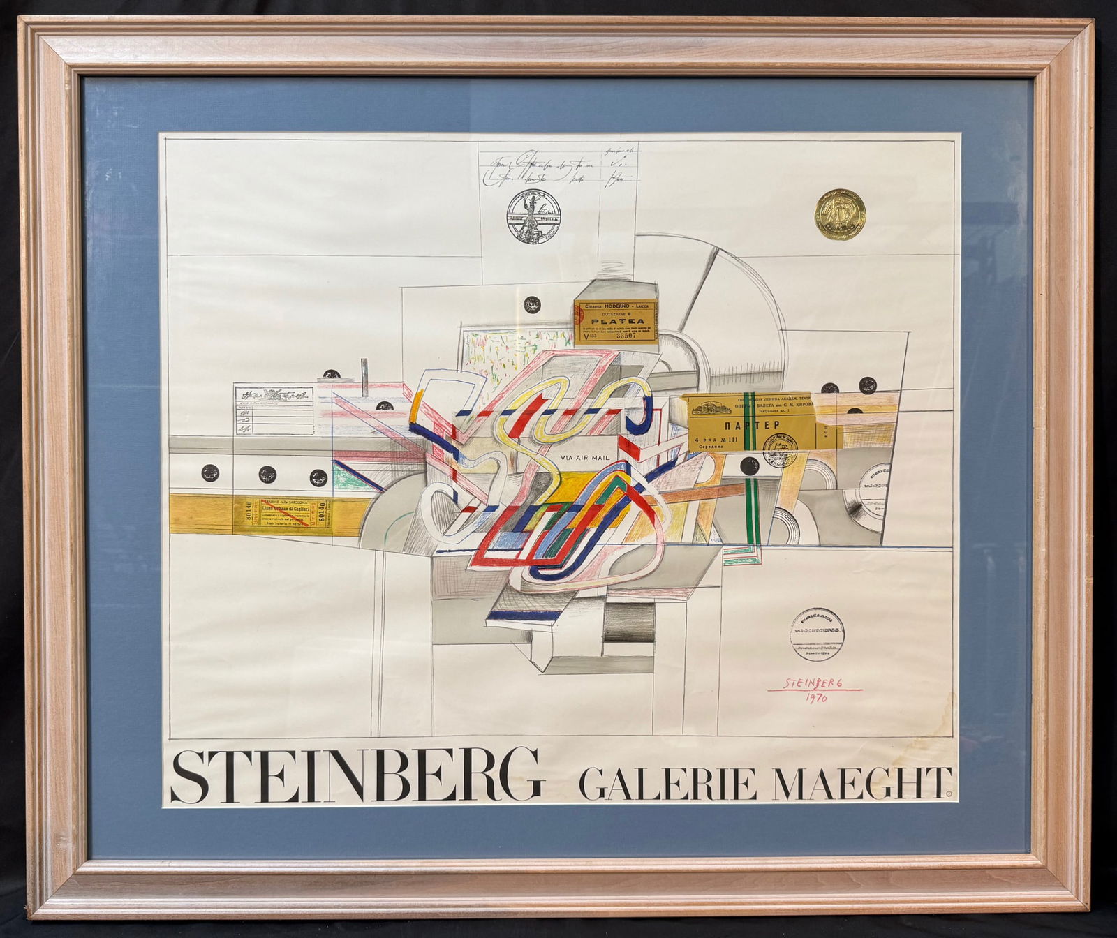 SAUL STEINBERG (1914-1999) ORIGINAL GALERIE MAEGHT LITHOGRAPH WITH FOIL SEAL, 32IN x 37.5IN (81cm x: Saul Steinberg (1914-1999) original lithograph for Galerie Maeght. This underlying piece is called Via Air Mail and it was created in 1970 and it has a gold seal in the upper right corner. This piece