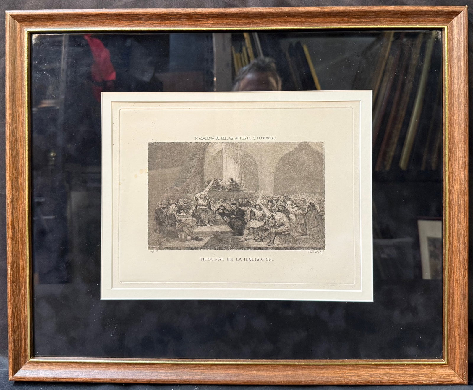 FRANCISCO JOSE DE GOYA Y LUCIENTES (1746-1828), ETCHING OF TRIBUNAL DE LA INQUISICION, 18IN x 22IN: Etching and aquatint of painting by Spanish artist Francisco Jose de Goya y Lucientes (1746-1828) titled Tribunal de la Inquisicion (Tribunal of the Inquisistion). The etching was done by the famous e