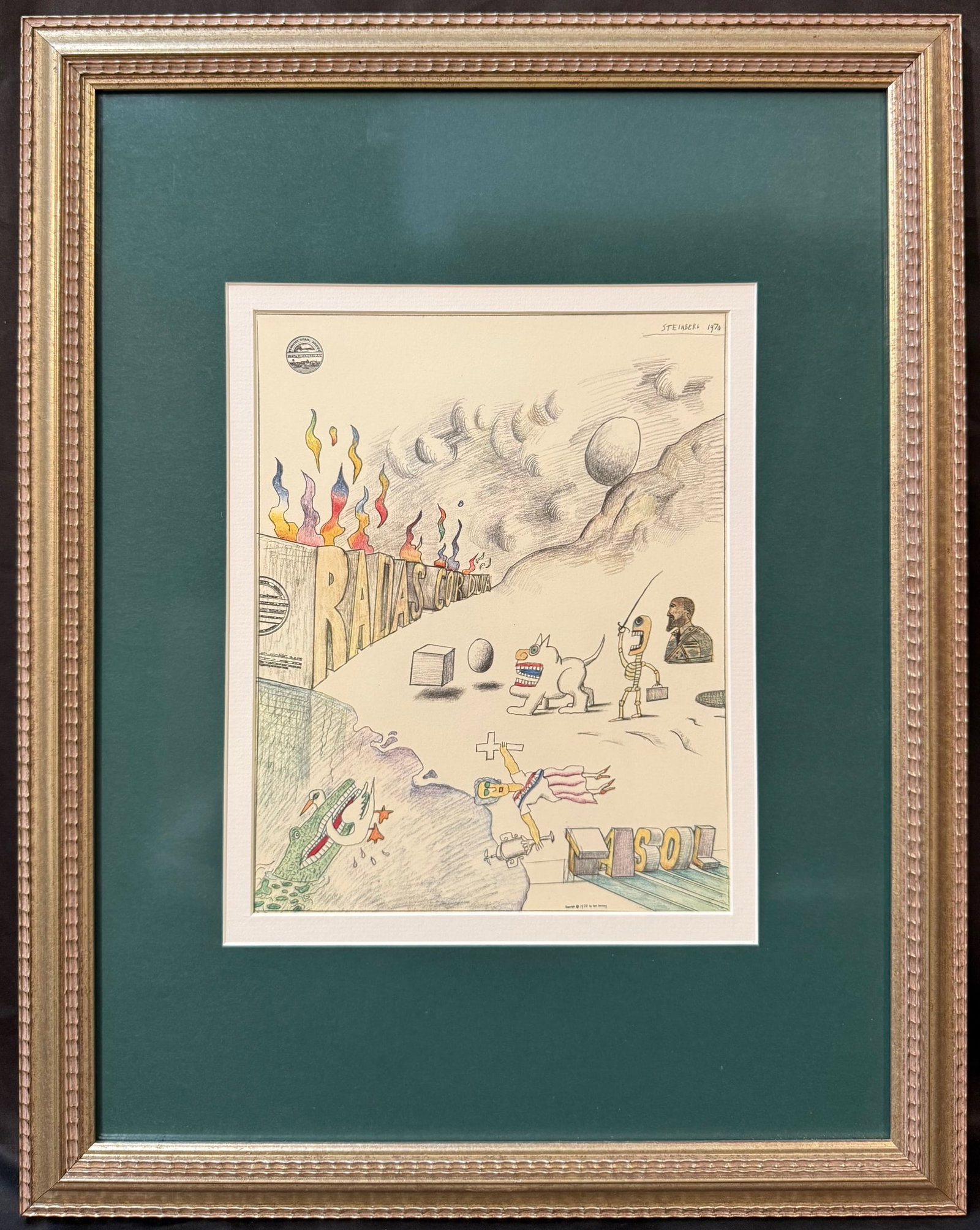 SAUL STEINBERG (1914-1999) ORIGINAL LITHOGRAPH TITLED ALLEGORY II, 18.5IN x 23.5IN (47cm x 60cm): Saul Steinberg (1914-1999) original lithograph titled Allegory II. This piece is after the original which was created in 1970. This piece was produced in 1977 in Paris by Gallery Maeght Paris for Derr