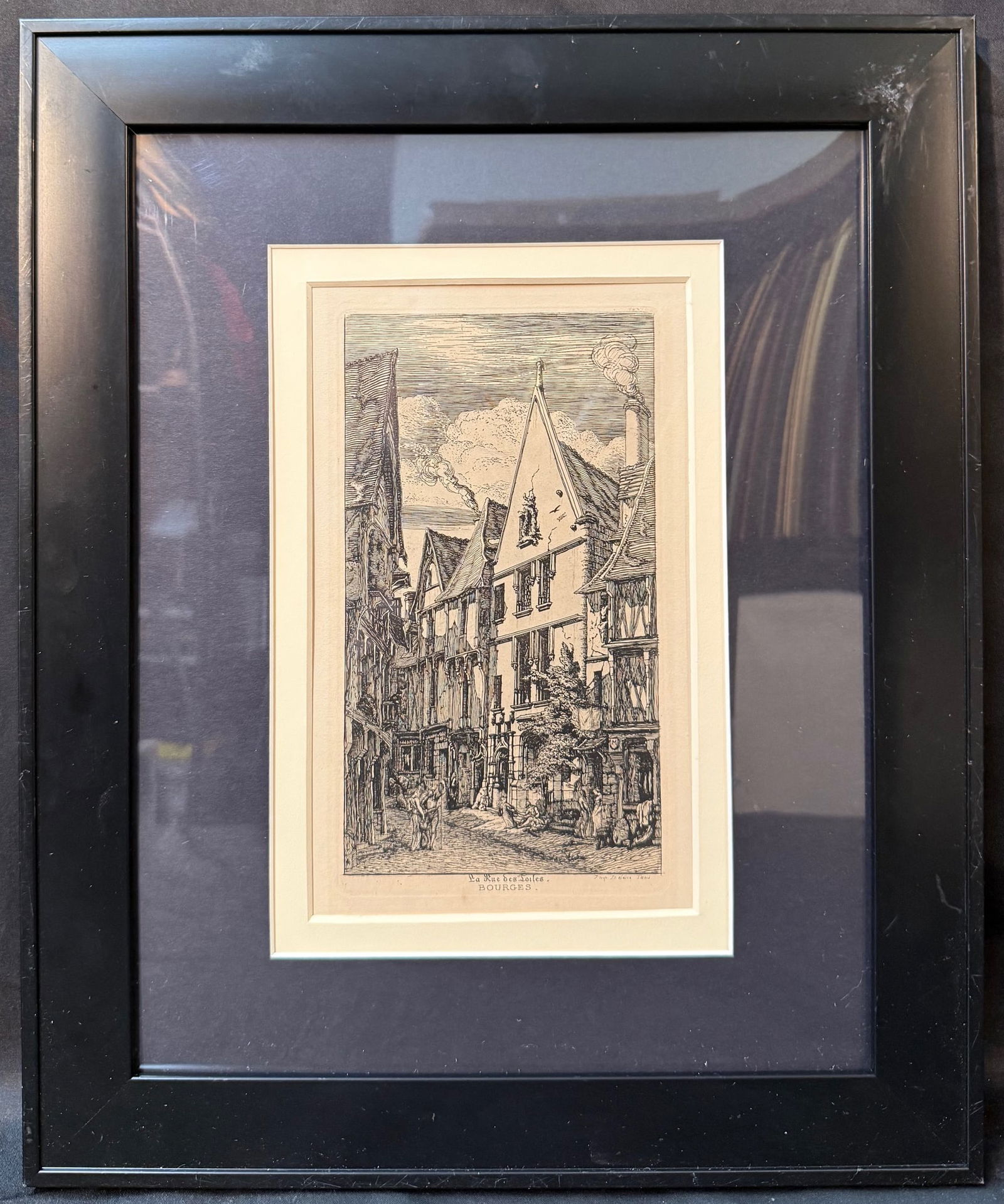 CHARLES MERYON (1821-1868 ) ETCHING AND DRYPOINT TITLED LA RUE DES TOILES, A BOURGES, 14IN x 17IN: Charles Meryon (1821-1868) etching and drypoint titled La Rue des Toiles, a Bourges. This piece was impressed on laid paper in 1853. This is a finely detailed etching and drypoint depicting La Rue des