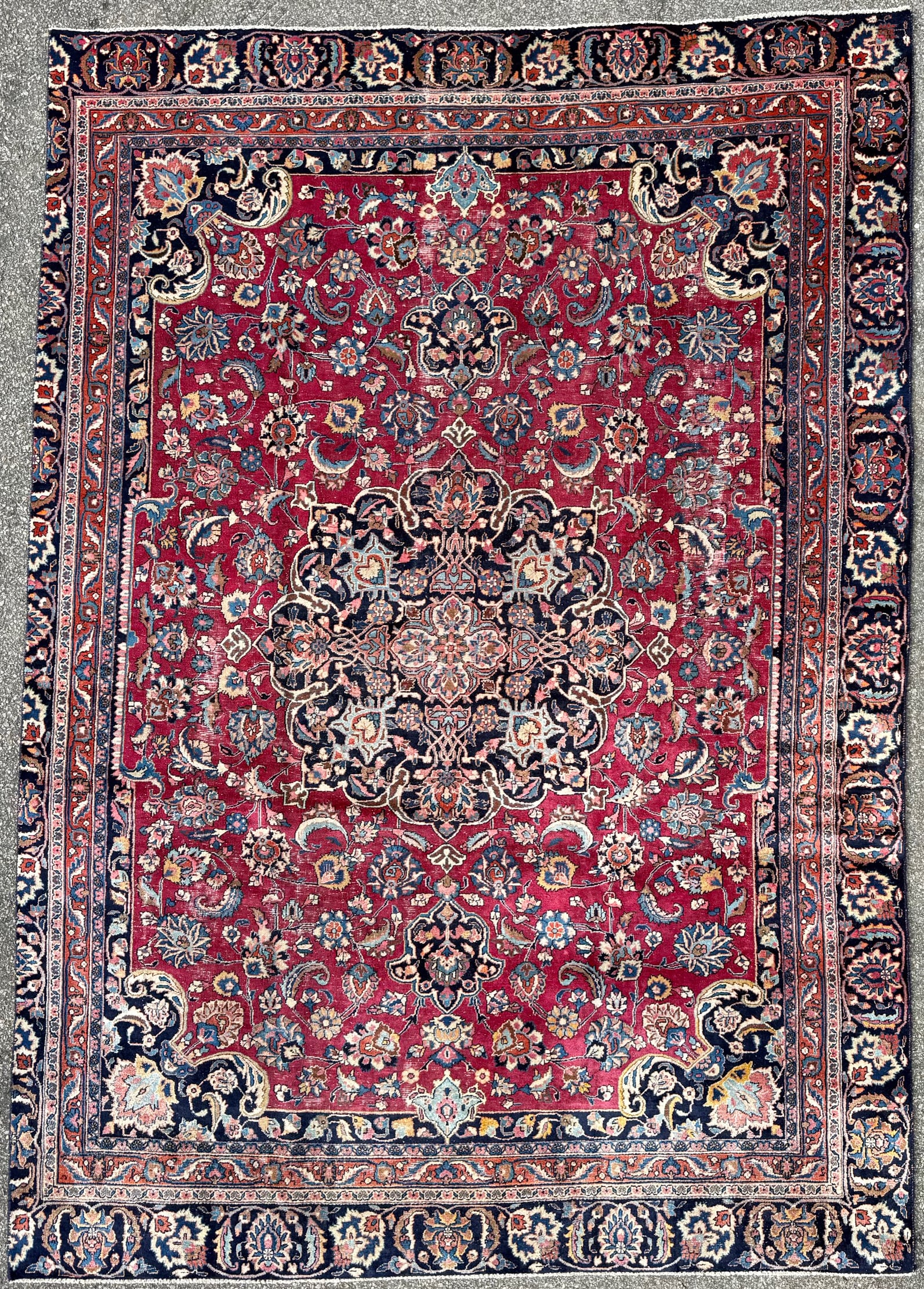 VINTAGE PERSIAN MASHAD HAND KNOTTED RUG, 8.5 x 12.0 (257cm x 366cm): Vintage Persian Mashad rug, hand knotted in Persia of 100% natural wool on a cotton foundation. This rug is 60+ years old and has full wool piles and is in Very Good condition for its age. Beautiful c