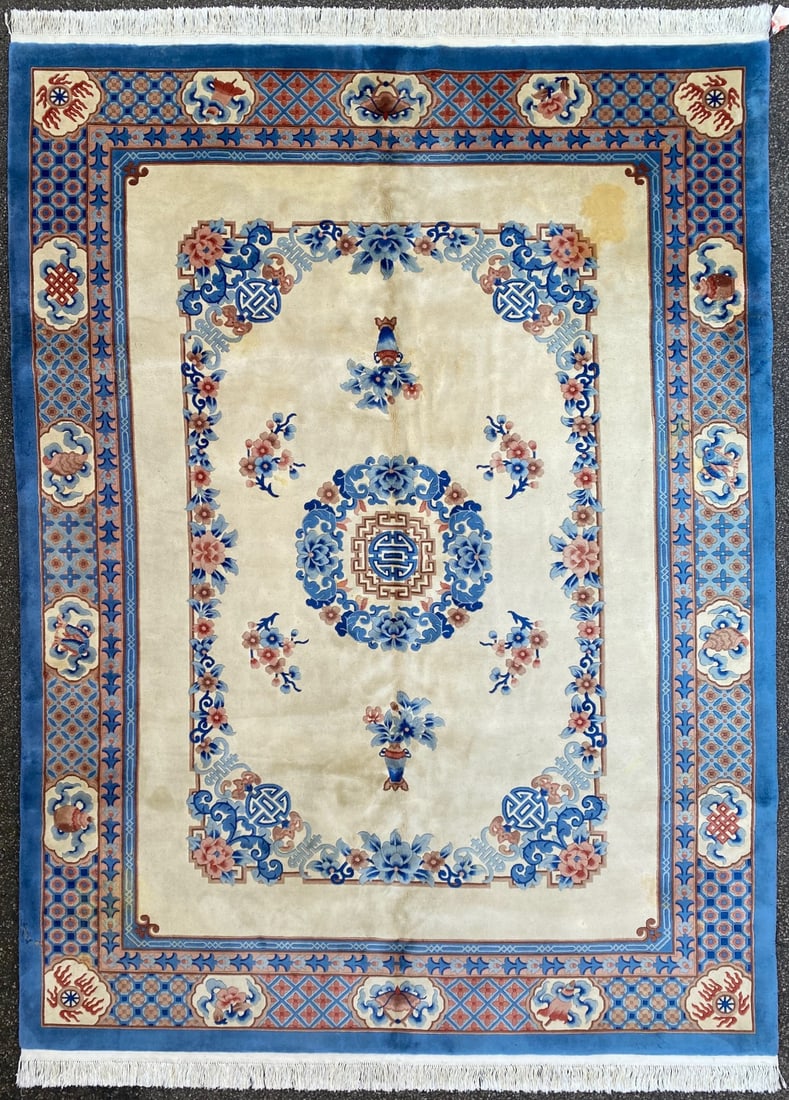 VINTAGE PEKING HAND KNOTTED RUG, 8.11 X 12.2 (272cm X 371cm): Vintage Peking rug was hand knotted in China of 100% natural wool on a cotton foundation. The rug is 50+ years old, has full wool piles and is in excellent condition for its age. Beautiful colors and