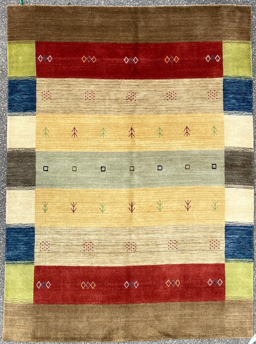 GABBEH HAND KNOTTED RUG, NEW, 5.0 x 6.10 (152cm x 208cm): Gabbeh rug was hand knotted in Tibet of 100% natural wool on a cotton foundation. The rug has full, wool piles and is in brand new condition. Beautiful colors with excellent quality. No holes or repai