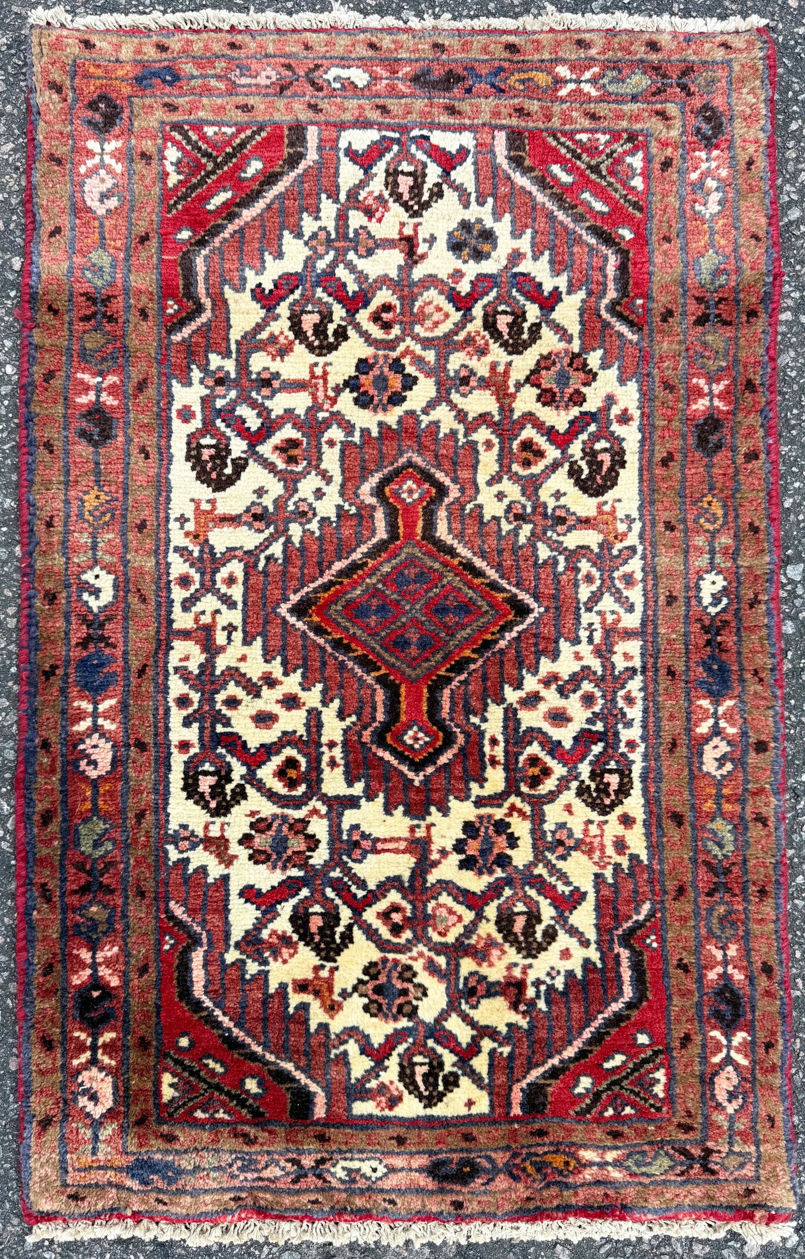 ANTIQUE PERSIAN HAMADAN HAND KNOTTED RUG, 2.0 x 3.1 (61cm x 94cm): Antique Persian Hamadan rug was hand knotted in Iran of 100% natural wool. This rug is 90+ years old, has medium wool piles and is in excellent condition for its age. This rug is a beautifully compose