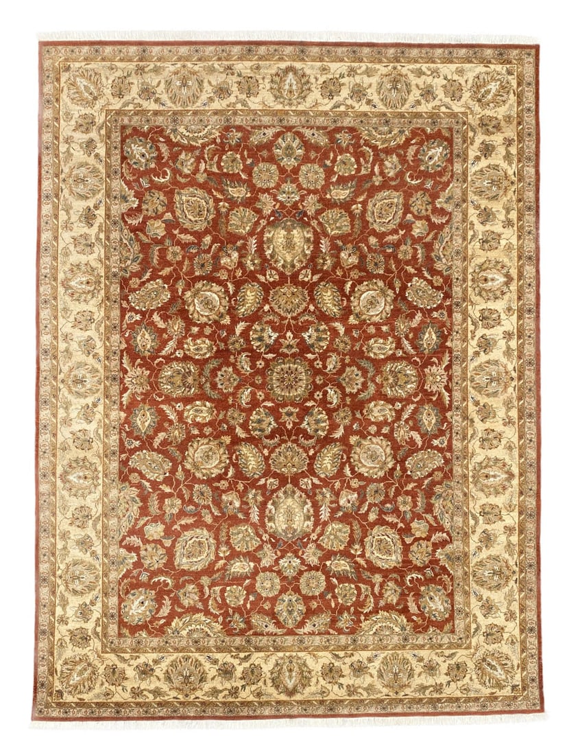 TABRIZ HAND KNOTTED RUG – 8.11 x 11.11, 272cm x 363cm: Tabriz rug was hand knotted in India of 100% natural wool and has a cotton foundation. The rug has full, wool piles and is in like new condition. Beautiful colors with excellent quality. No holes or r