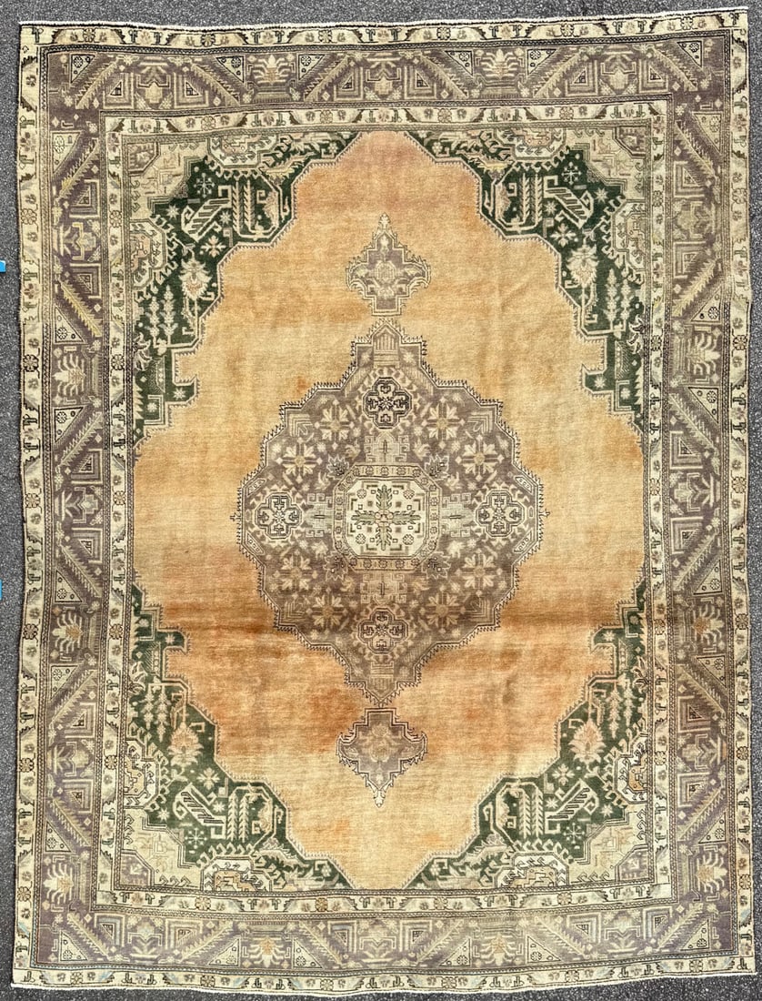 ANTIQUE ANATOLIAN OUSHAK HAND KNOTTED RUG , 9.9 x 13.0 (279cm x 396cm): Antique Anatolian Oushak rug was hand knotted in Turkey of 100% natural wool on a cotton foundation. The rug is 90+ years old, has medium to low wool piles and is in excellent condition for its age. B