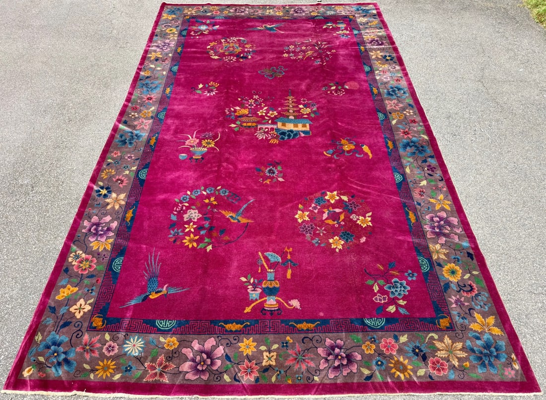 MANSION ANTIQUE CHINESE NICHOLS ART DECO HAND-KNOTTED RUG, MAGENTA FIELD, 1920S, 10.11 x 18.6 (33... - 2