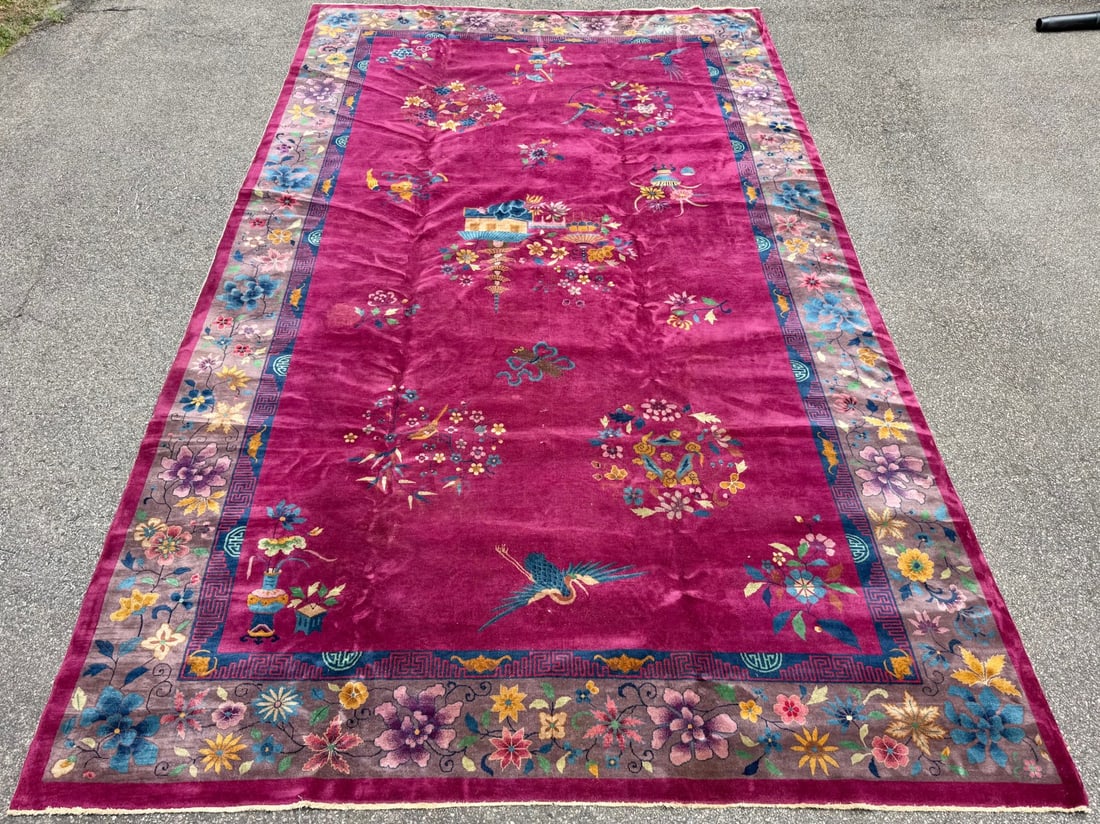 MANSION ANTIQUE CHINESE NICHOLS ART DECO HAND-KNOTTED RUG, MAGENTA FIELD, 1920S, 10.11 x 18.6 (33... - 3