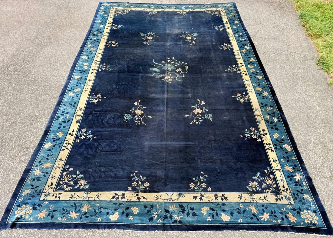 MANSION ANTIQUE CHINESE NICHOLS ART DECO HAND-KNOTTED RUG, INDIGO FIELD, MINIMALIST OPEN DESIGN, ... - 2
