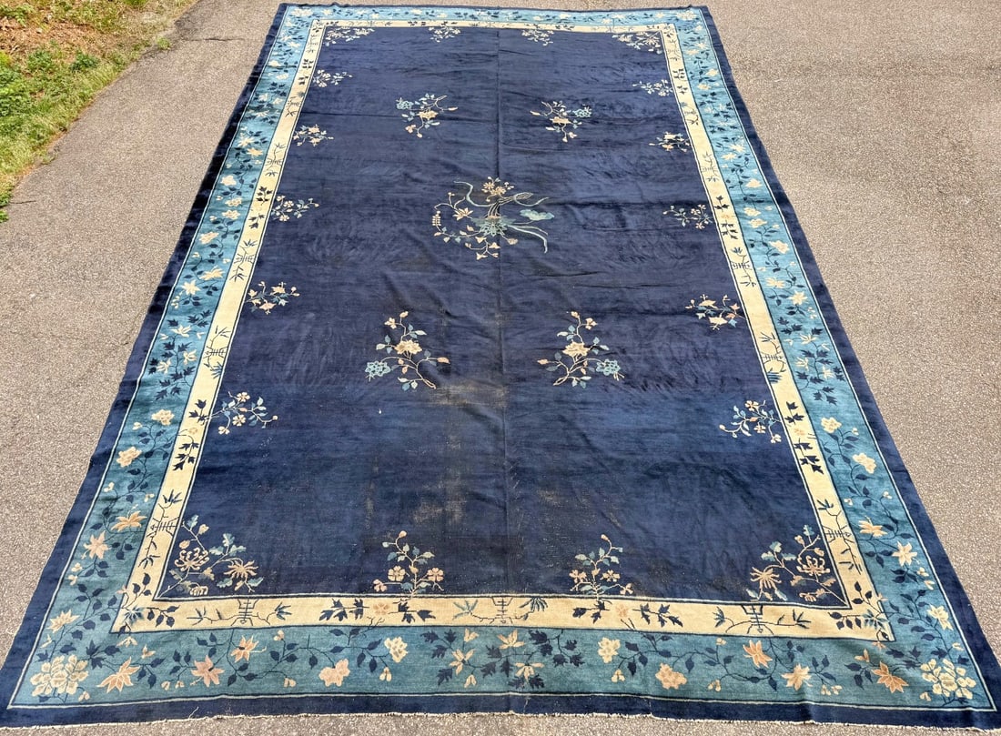 MANSION ANTIQUE CHINESE NICHOLS ART DECO HAND-KNOTTED RUG, INDIGO FIELD, MINIMALIST OPEN DESIGN, ... - 3