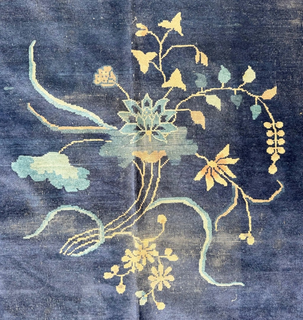 MANSION ANTIQUE CHINESE NICHOLS ART DECO HAND-KNOTTED RUG, INDIGO FIELD, MINIMALIST OPEN DESIGN, ... - 6