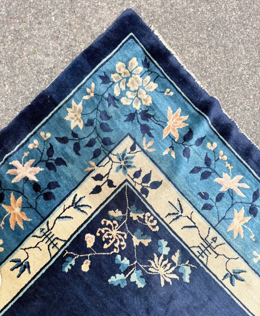 MANSION ANTIQUE CHINESE NICHOLS ART DECO HAND-KNOTTED RUG, INDIGO FIELD, MINIMALIST OPEN DESIGN, ... - 7