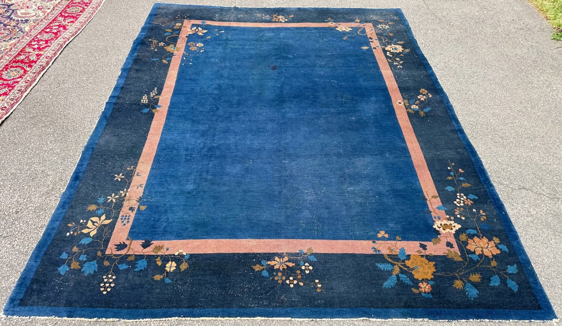 ANTIQUE CHINESE NICHOLS ART DECO HAND-KNOTTED RUG, INDIGO FIELD, MINIMALIST OPEN DESIGN, 1920S, 8... - 2