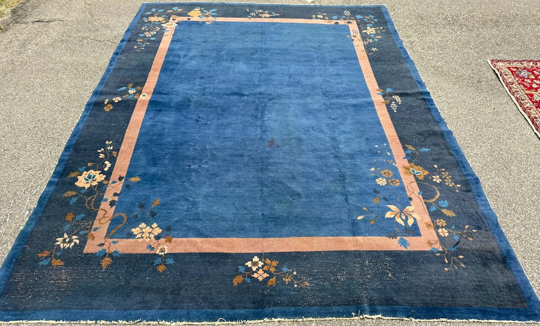 ANTIQUE CHINESE NICHOLS ART DECO HAND-KNOTTED RUG, INDIGO FIELD, MINIMALIST OPEN DESIGN, 1920S, 8... - 3