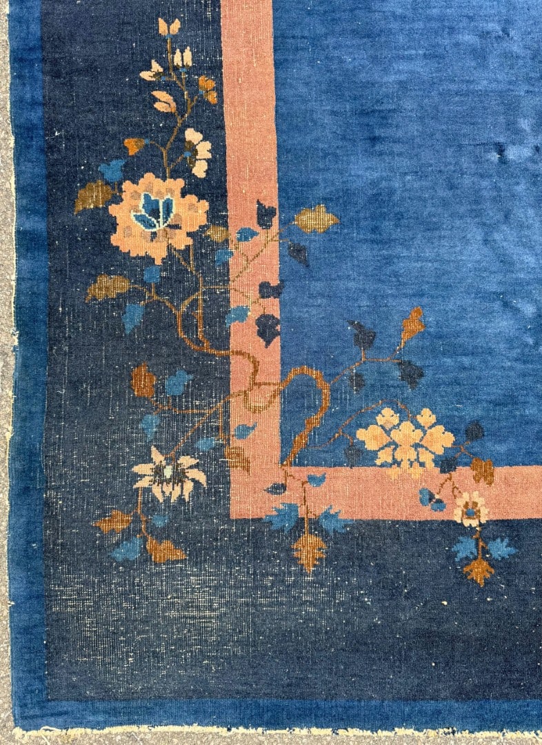 ANTIQUE CHINESE NICHOLS ART DECO HAND-KNOTTED RUG, INDIGO FIELD, MINIMALIST OPEN DESIGN, 1920S, 8... - 6