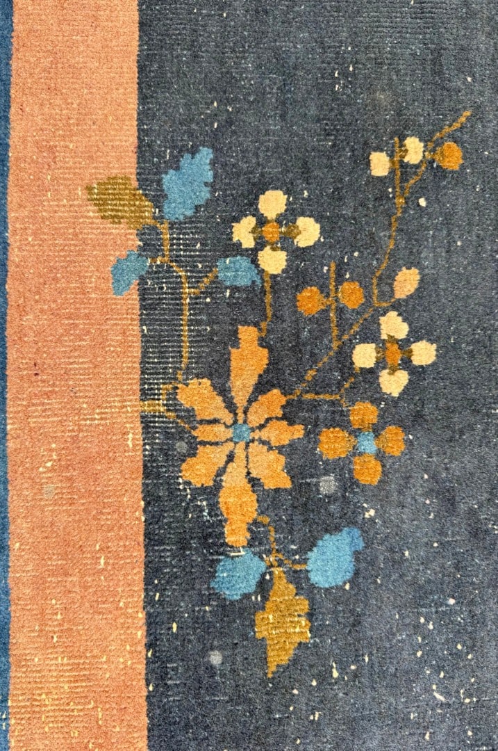 ANTIQUE CHINESE NICHOLS ART DECO HAND-KNOTTED RUG, INDIGO FIELD, MINIMALIST OPEN DESIGN, 1920S, 8... - 7