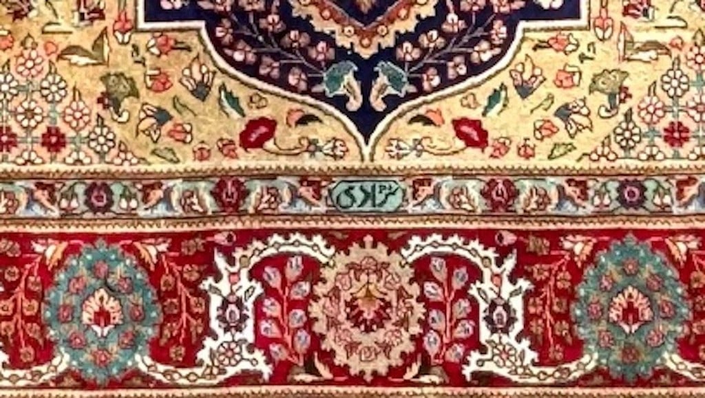 SIGNED PERSIAN TABRIZ RUG, MASTER WORKSHOP MEDALLION RUG WITH GOLDEN FIELD, HAND KNOTTED, 9.8 x 1... - 4