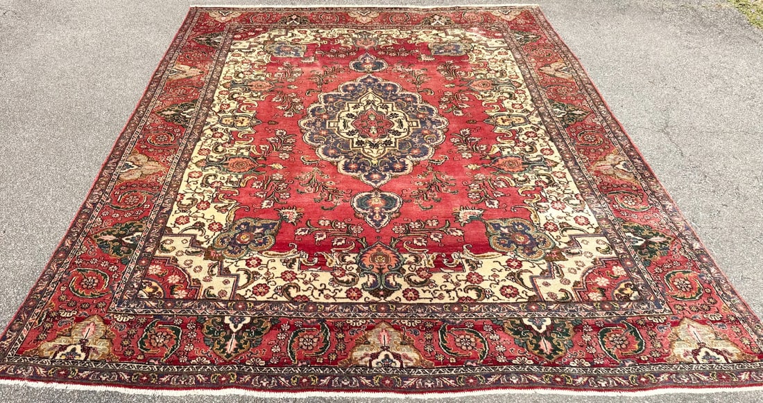 LARGE VINTAGE PERSIAN TABRIZ MEDALLION RUG, IVORY & CRIMSON FIELD, HAND KNOTTED, 9.9 x 12.9 (297c... - 2