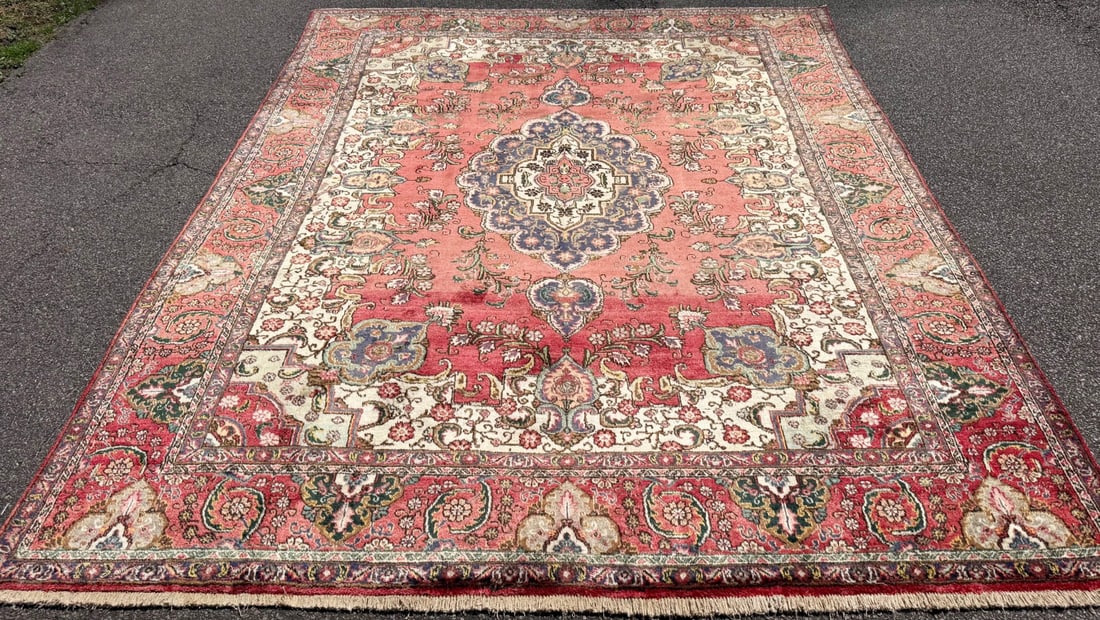 LARGE VINTAGE PERSIAN TABRIZ MEDALLION RUG, IVORY & CRIMSON FIELD, HAND KNOTTED, 9.9 x 12.9 (297c... - 3