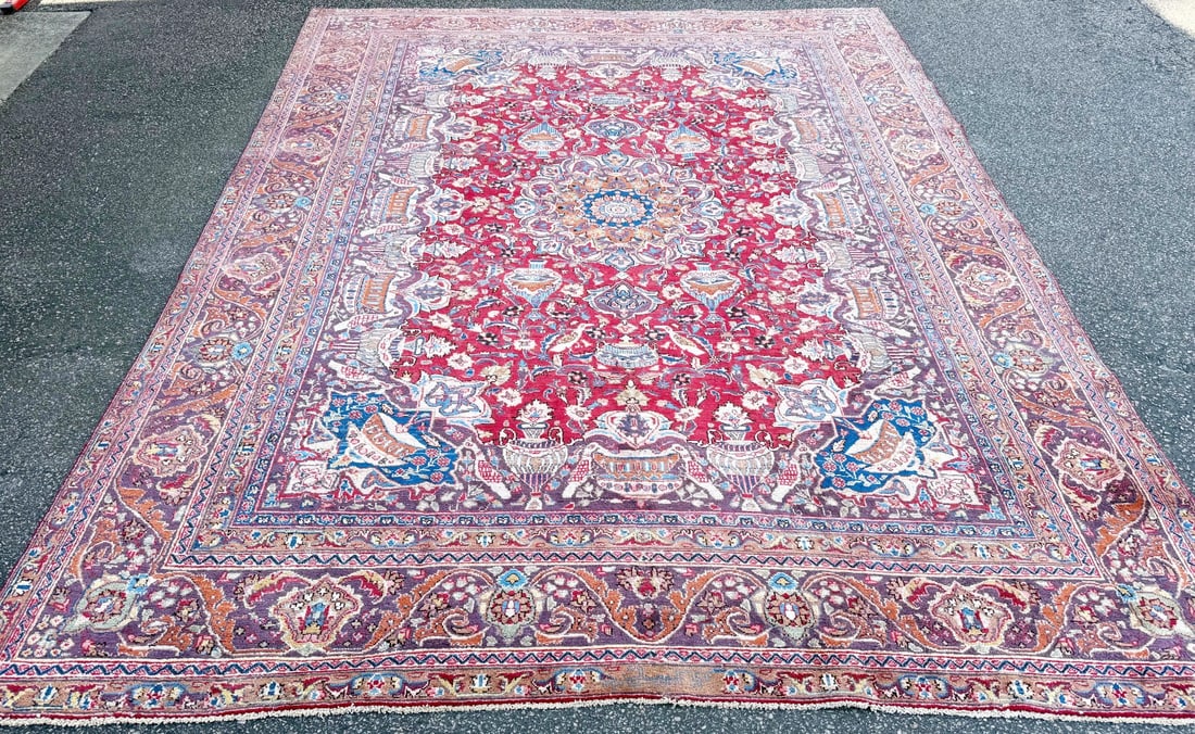 SIGNED PERSIAN KASHMAR CARPET, PICTORIAL VASE & BIRD DESIGN, RED FIELD HAND KNOTTED RUG, 9.3 x 12.0 - 2