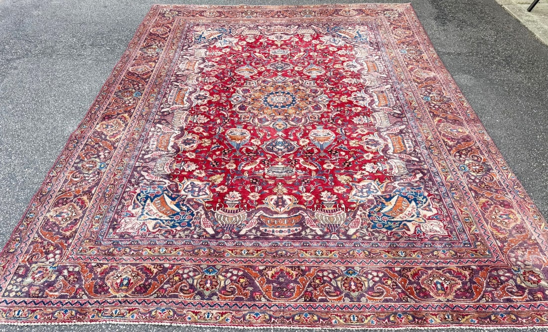SIGNED PERSIAN KASHMAR CARPET, PICTORIAL VASE & BIRD DESIGN, RED FIELD HAND KNOTTED RUG, 9.3 x 12.0 - 3