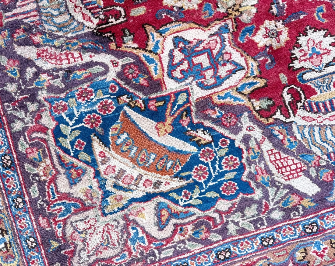 SIGNED PERSIAN KASHMAR CARPET, PICTORIAL VASE & BIRD DESIGN, RED FIELD HAND KNOTTED RUG, 9.3 x 12.0 - 4