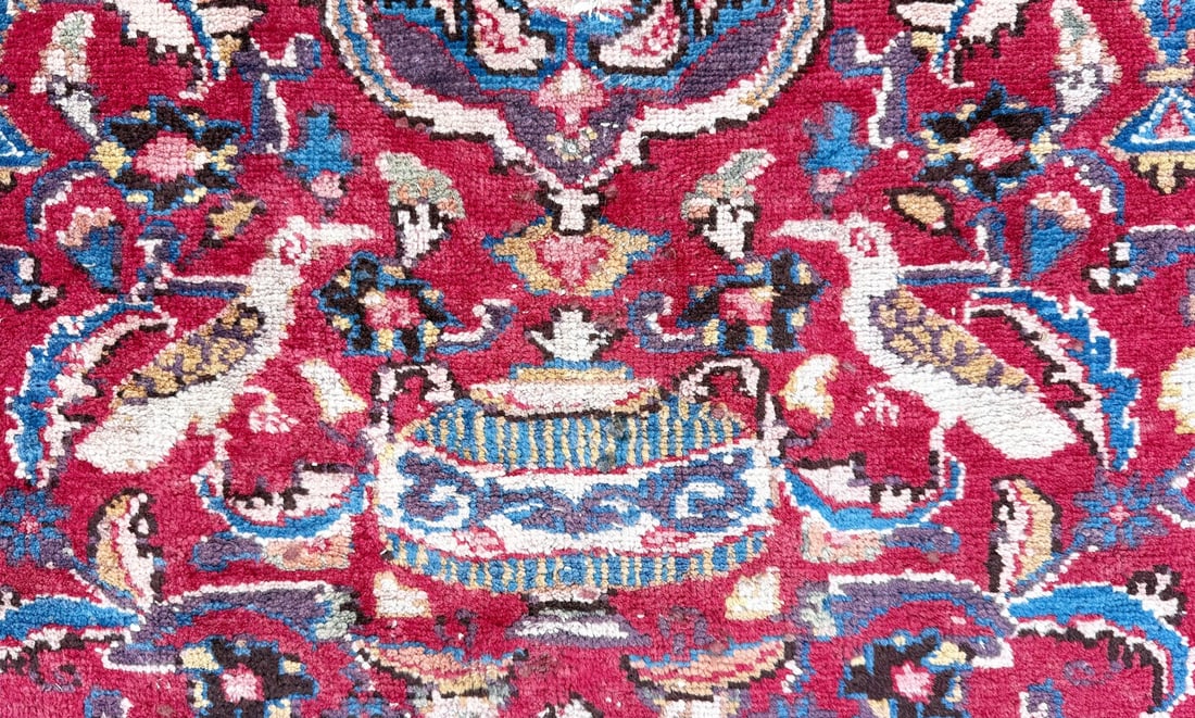 SIGNED PERSIAN KASHMAR CARPET, PICTORIAL VASE & BIRD DESIGN, RED FIELD HAND KNOTTED RUG, 9.3 x 12.0 - 5