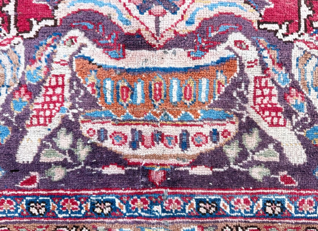 SIGNED PERSIAN KASHMAR CARPET, PICTORIAL VASE & BIRD DESIGN, RED FIELD HAND KNOTTED RUG, 9.3 x 12.0 - 6