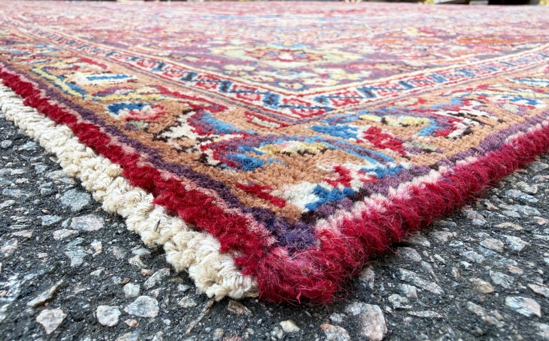 SIGNED PERSIAN KASHMAR CARPET, PICTORIAL VASE & BIRD DESIGN, RED FIELD HAND KNOTTED RUG, 9.3 x 12.0 - 7
