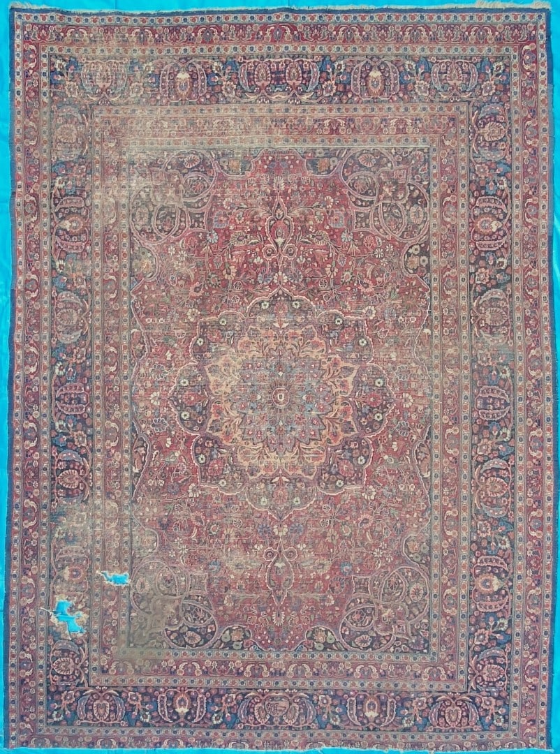 ANTIQUE SIGNED PERSIAN ISFAHAN HAND KNOTTED RUG, DISTRESSED, 9.6 x 12.9 (290cm x 389cm): Antique Persian Isfahan rug, was hand knotted in Iran of 100% natural wool on a cotton foundation. This rug is 100+ years old, has medium to low wool piles and is in excellent condition for