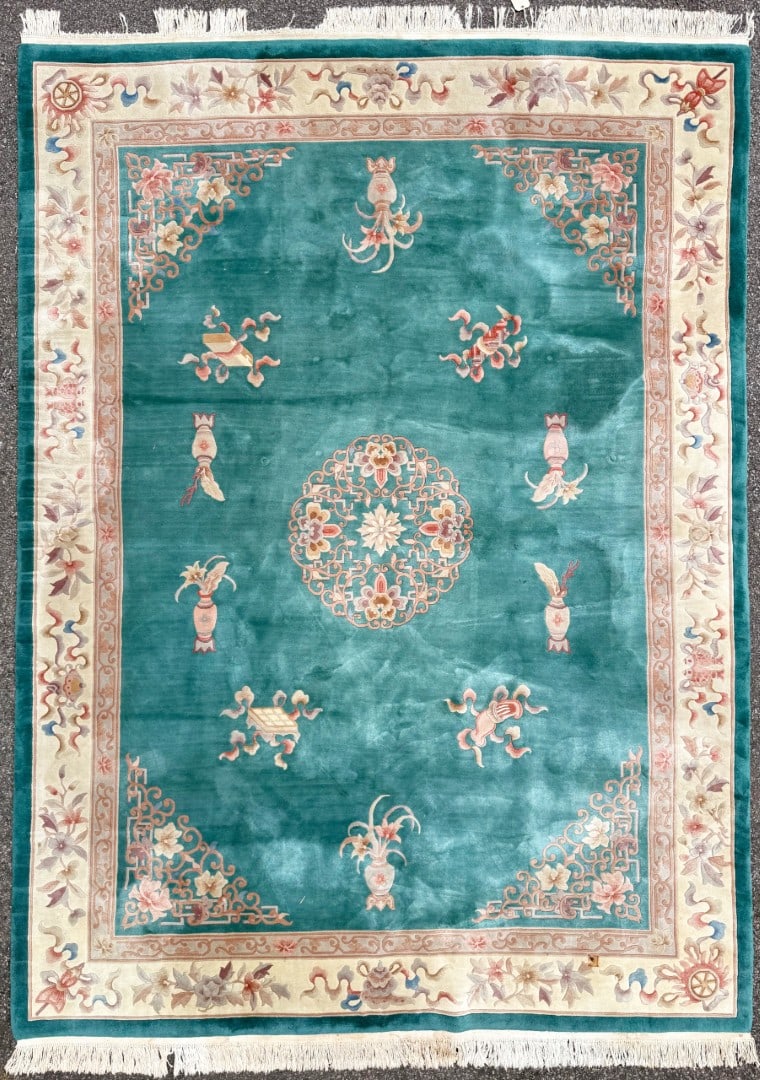 SINO ART DECO HAND KNOTTED RUG, 9.0 x 12.3 (274cm x 373cm): This hand-knotted Chinese Art Deco revival carpet is built around a saturated teal field. This creates a calm, uninterrupted plane of color that instantly grounds a space without overwhelming it. The