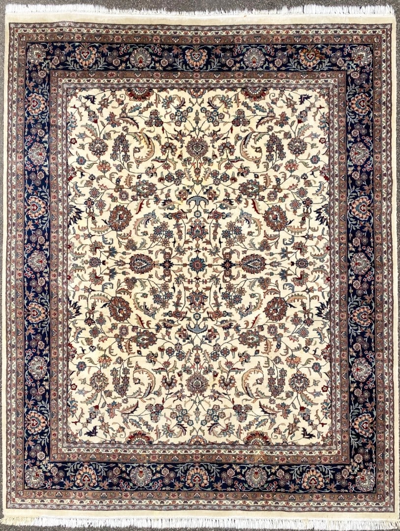 KASHAN HAND KNOTTED RUG, 8.0 x 10.5 (244cm x 318cm): This Kashan Rug was hand knotted in India of 100% natural wool on a cotton foundation. It has full wool piles and is in like new condition. Beautiful colors with the highest quality. No