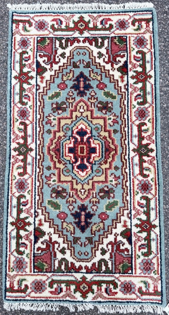 KAZAK HAND KNOTTED RUG, NEW, 2.0 x 4.0 (61cm x 122cm): Brand new Kazak rug was hand knotted in India of 100% natural wool on a cotton foundation. The rug has full wool piles and is new condition. It is made with excellent quality, nice and soft.