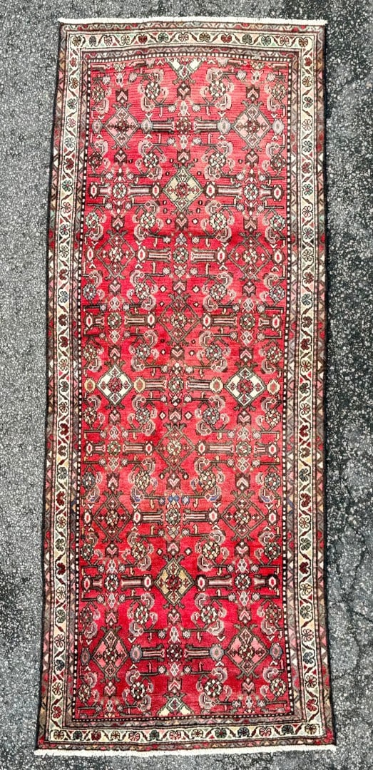 ANTIQUE PERSIAN HAMADAN HAND KNOTTED RUNNER, 3.6 x 9.0 (107cm x 274cm): Antique Persian Hamadan runner was hand knotted in Iran of 100% natural wool. This rug is 90+ years old, has medium wool piles and is in excellent condition for its age. Beautiful colors with