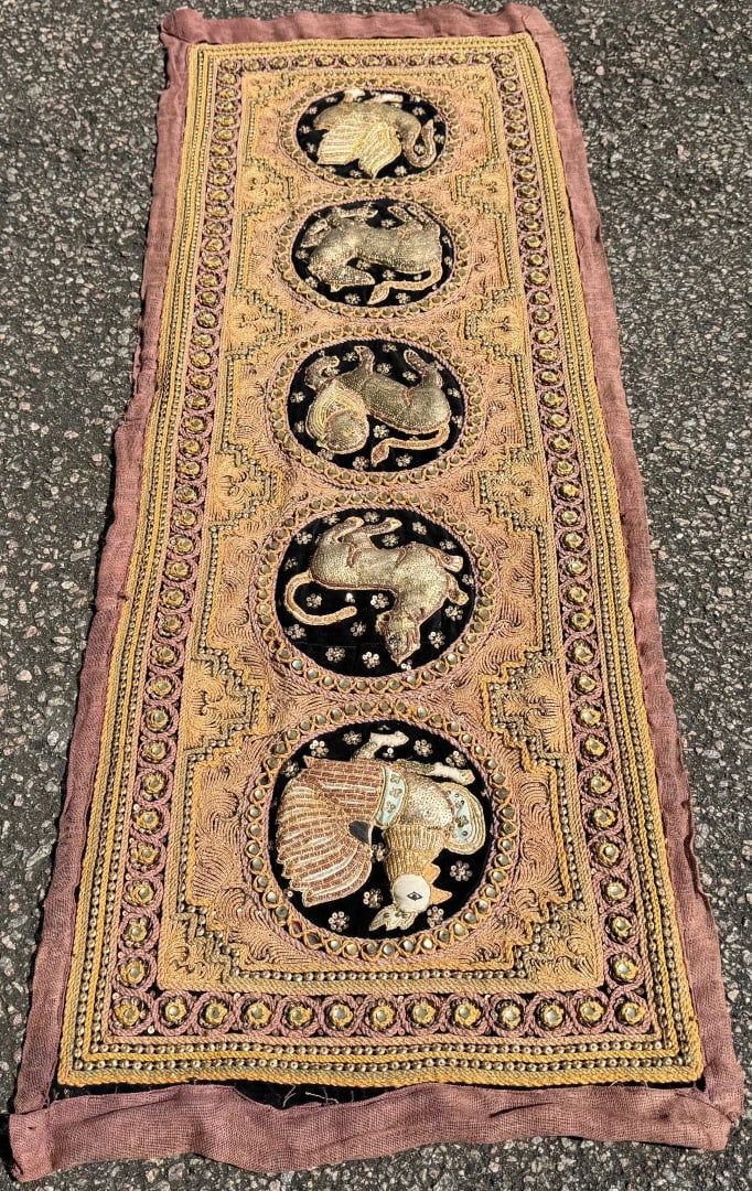 VINTAGE BURMESE KALAGA THAI NEEDLEWORK EBROIDERY WITH FIVE ZODIAC SIGNS, 18IN x 49IN (46cm x 124cm) - 2