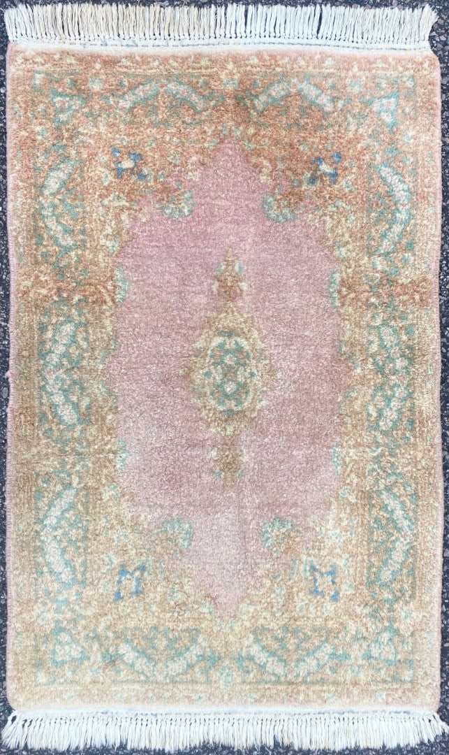 PERSIAN KERMAN HAND KNOTTED RUG WITH 200+ KPSI, 2.0 x 3.2 (61cm x 96cm): Vintage Persian Kerman rug, made of in Iran of 100 percent natural wool on a cotton foundation with medium to low wool piles. This rug is 50+ years old, and is in excellent condition for its